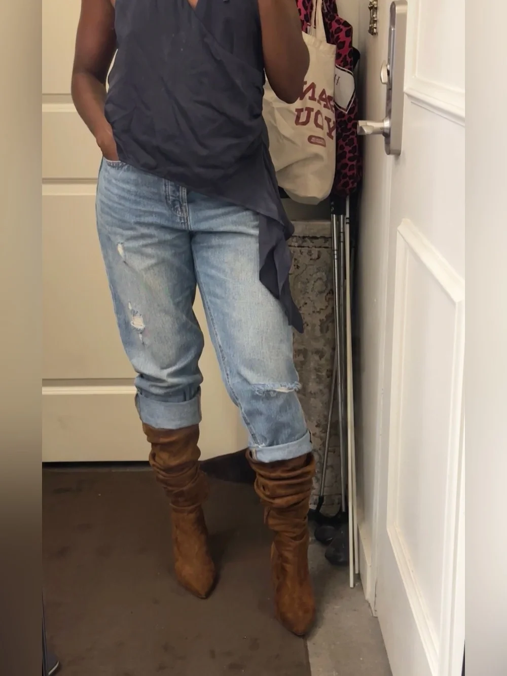 Brown Suede Knee High Boots Pointed Toe Slouchy Western Cowgirl Festival Boho